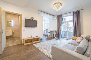a living room with a couch and a tv at Žalgiris arena apartment with AC in Kaunas