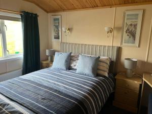 a bedroom with a bed with two blue pillows at Lake View Lodge in Millom