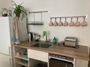 a kitchen counter with a sink and a refrigerator at Minimal Hostel No.43 in Berlin