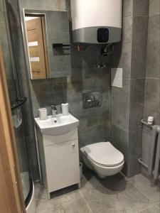 a small bathroom with a toilet and a sink at Apartament Błogi Sen- komfortowy nocleg w sercu Bytomia in Bytom