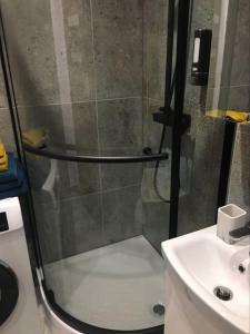 prysznic ze szklanymi drzwiami obok umywalki w obiekcie Apartament Błogi Sen- komfortowy nocleg w sercu Bytomia w Bytomiu