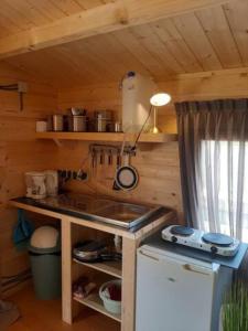 eine kleine Küche mit einer Theke in einer Hütte in der Unterkunft jacuzzi cows dairyfarm relaxing sleeping in Hitzum