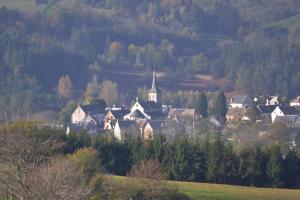 una piccola cittadina in una valle con una chiesa di Cocooning Auvergnat a La Bourboule