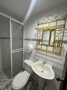 Un baño con inodoro, lavabo y espejo. en Hotel Mangata, en Cartagena de Indias