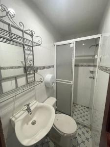 a bathroom with a toilet and a sink and a shower at Hotel Mangata in Cartagena de Indias +45 photos