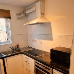 a kitchen with a sink and a stove top oven at Surrey Quays Studio in London