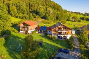 eine Luftansicht eines großen Hauses auf einem Hügel in der Unterkunft Ferienwohnungen Erlebnisnaturhof in Aschau im Chiemgau