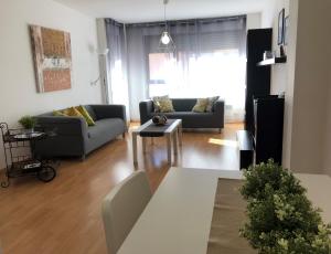 a living room with two couches and a table at Apartamentos Ribera Navarra - Bardenas in Castejón