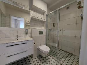 uma casa de banho com um WC e uma cabina de duche em vidro. em Kamienica1924 em Szczecinek