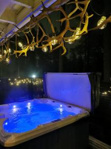 uma banheira azul com luzes e um lustre em Pyhä Igloos em Pyhätunturi