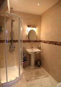 a bathroom with a sink and a shower at Stunning Aberystwyth South Beach Apartment in Aberystwyth