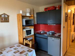 a small kitchen with a sink and a microwave at Studio Les Saisies, 1 pièce, 4 personnes - FR-1-293-165 in Les Saisies