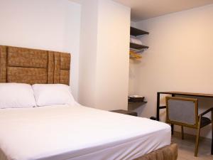um quarto com uma cama, uma cadeira e uma secretária em HOTEL GOLDEN CARTAGO em Cartago