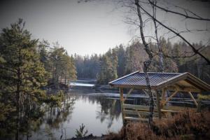 einen Pavillon neben einem Wasserkörper in der Unterkunft Lillesjö stuguthyrning in Bäckefors