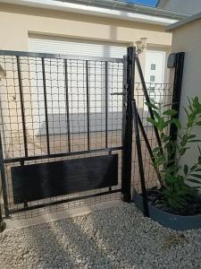 una puerta negra con una planta delante en Évasion avec jacuzzi intérieur en Rosières-près-Troyes