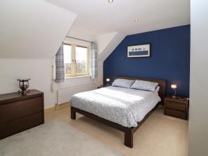 Un dormitorio con una pared de acento azul y una cama en Ring of Kerry Golf Club Cottage, en Kenmare