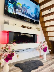 uma sala de estar com televisão e lareira em Zizi's House Garii em Brasov