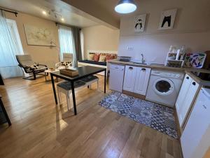 Apartamento Sebreñu 1 في ريباذيسييّا: مطبخ وغرفة معيشة مع غسالة ملابس