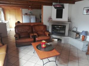 a living room with a couch and a fireplace at Grand gite 14 personnes ,cour ,salle de jeux, proche du village , commerces in Murat
