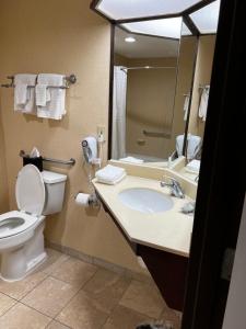 a bathroom with a toilet and a sink with a mirror at Baymont By Wyndham Monroe Ohio in Monroe