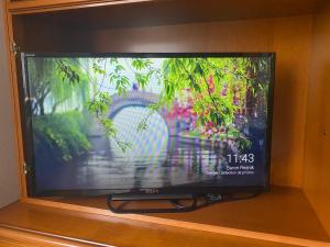 um ecrã de televisão com uma imagem de um jardim em Appartement 3 lys em Saint-Louis