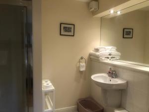 y baño con lavabo, espejo y aseo. en Private Parking 2 Bed 2 bath en Edimburgo