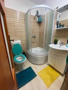 La salle de bains est pourvue d'une douche, de toilettes et d'un lavabo. dans l'établissement ModernStudio, à Bragadiru