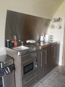 a small kitchen with a stove and a sink at The Pod - Luxury Glamping Holiday Lodge in Arley