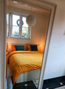 1 dormitorio con cama, ventana y espejo en Le Bain des Hirondelles, en Sprimont