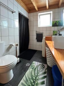 een badkamer met een douche, een toilet en een wastafel bij Casa dos Biscoitos in Praia da Vitória