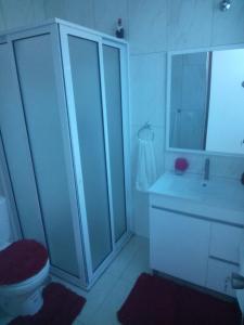 a bathroom with a shower and a toilet and a sink at Repousando in Mão para Trás