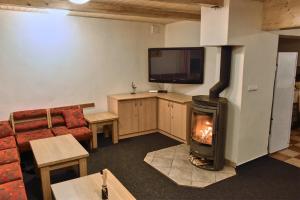 a living room with a fireplace and a flat screen tv at Chalupa Orlička in Výprachtice