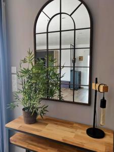 ein Spiegel auf einem Holztisch mit einer Pflanze in der Unterkunft La Montaurousienne - Maison néo-provençale dans le Pays de Fayence in Montauroux
