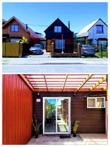 dos fotos de una casa con techo rojo en Cabañas altos de Mirasol en Puerto Montt