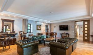 salon ze skórzanymi kanapami i stołem w obiekcie Villa Carolus-Luxurious Istrian Villa w mieście Barat