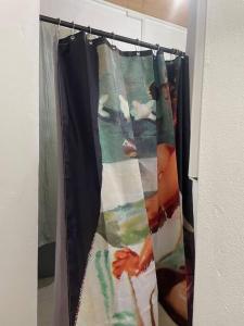 a shower curtain hanging on a rod in a room at Spacious, cozy two bedroom apartment i in Salisbury