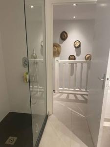 a bathroom with a glass shower and some vases at Appartement duplex Kakoon Saint Martin Anse Marcel in Anse Marcel 