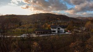 una casa en medio de una colina con árboles en Hanul Doctorului Badeni-Runcu, en Runcu