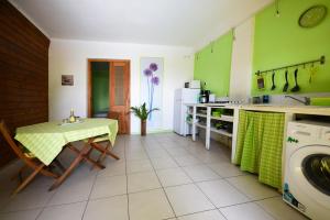 a kitchen with green walls and a table and a washing machine at Appartement charmant à Pointe-Noire, vue mer, 51 m², piscine in Pointe-Noire