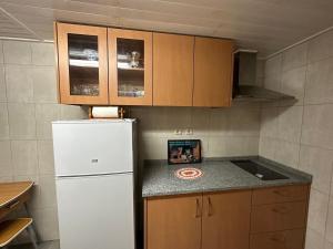 La cuisine est équipée d'un réfrigérateur blanc et de placards en bois. dans l'établissement Casa Violeta, à Águeda