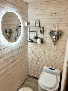 a bathroom with a toilet and a mirror at Unique Cabin with Breathtaking Northern Light View in Rovaniemi