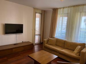 un soggiorno con divano e TV a schermo piatto di Ski & Relax Apartments in Bellevue Residence a Bansko