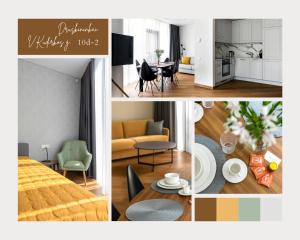 eine Collage mit Bildern einer Küche und einem Wohnzimmer in der Unterkunft Korio Apartments, Druskininkai in Druskininkai
