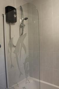 a shower with a glass door with a bird stencil on it at PREMIER - Fleming Apartment in Hamilton