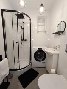 a bathroom with a shower and a washing machine at Bursztynowy Apartament in Tarnowskie Góry