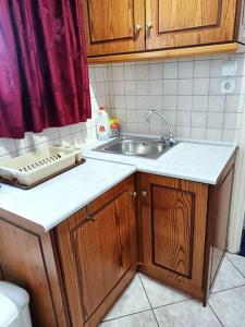 a kitchen with wooden cabinets and a sink and a red curtain at Detached house with a lovely yard 5' walk from Metro Station Agios Dimitrios and METRO MALL in Athens