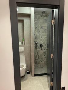 La salle de bains est pourvue d'une douche et de toilettes. dans l'établissement Stylish Downtown Apartment, à Pristina