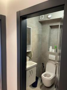 La salle de bains est pourvue de toilettes blanches et d'un lavabo. dans l'établissement Stylish Downtown Apartment, à Pristina