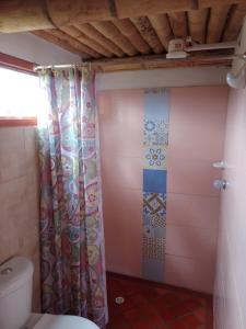 a bathroom with a toilet and a shower curtain at CABAÑA LOS JUANES in Sutamarchán