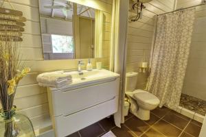 un bagno con lavandino, WC e specchio di Bungalow proche plage a Sainte-Luce
